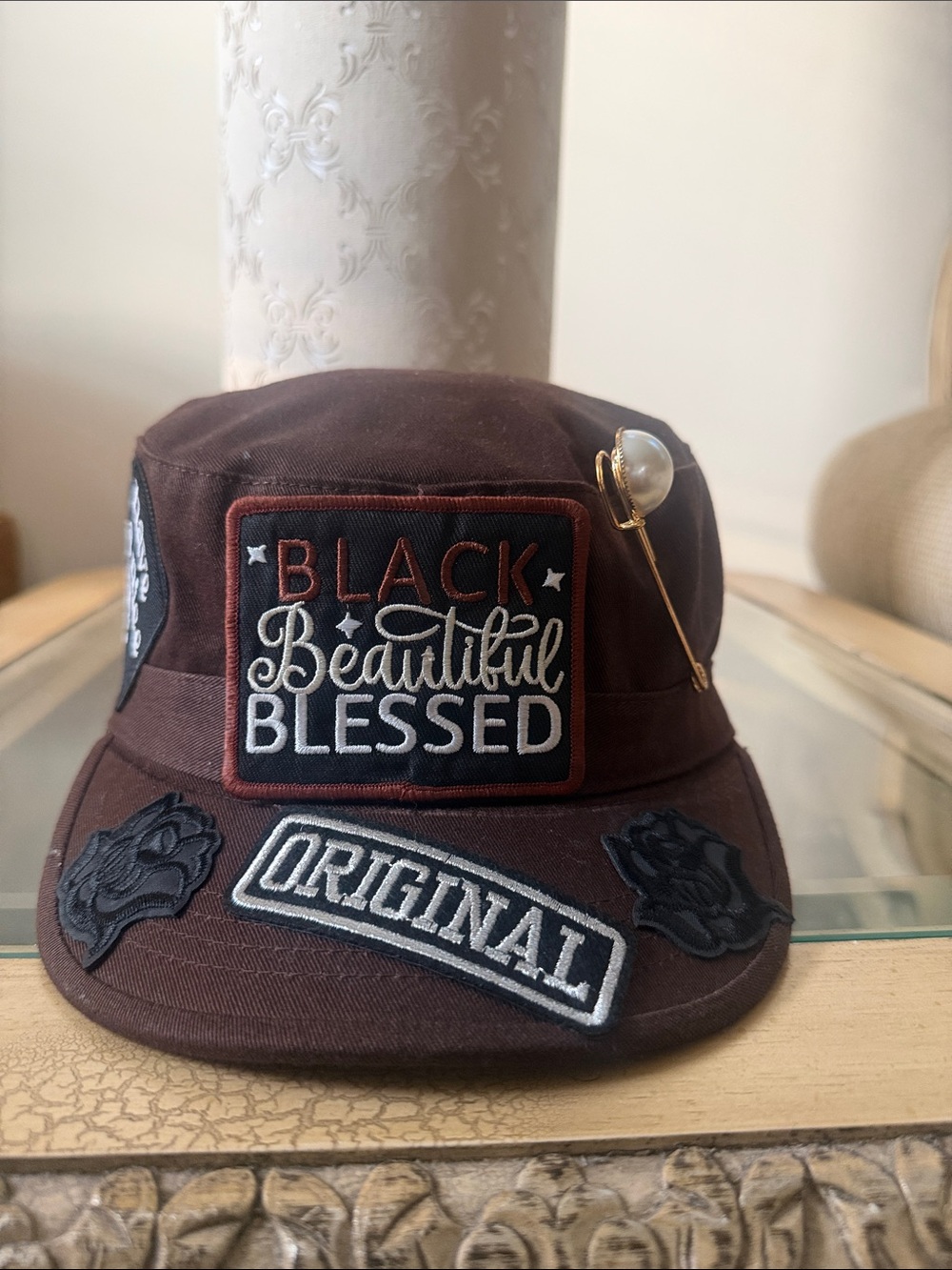 Brown 'Black Beautiful Blessed' Patch Cap with Decorative Pin